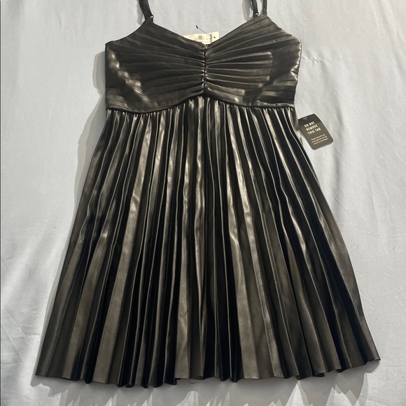 Faux Leather V-Neck Pleated Fit And Flare Mini Dress - Picture 1 of 11